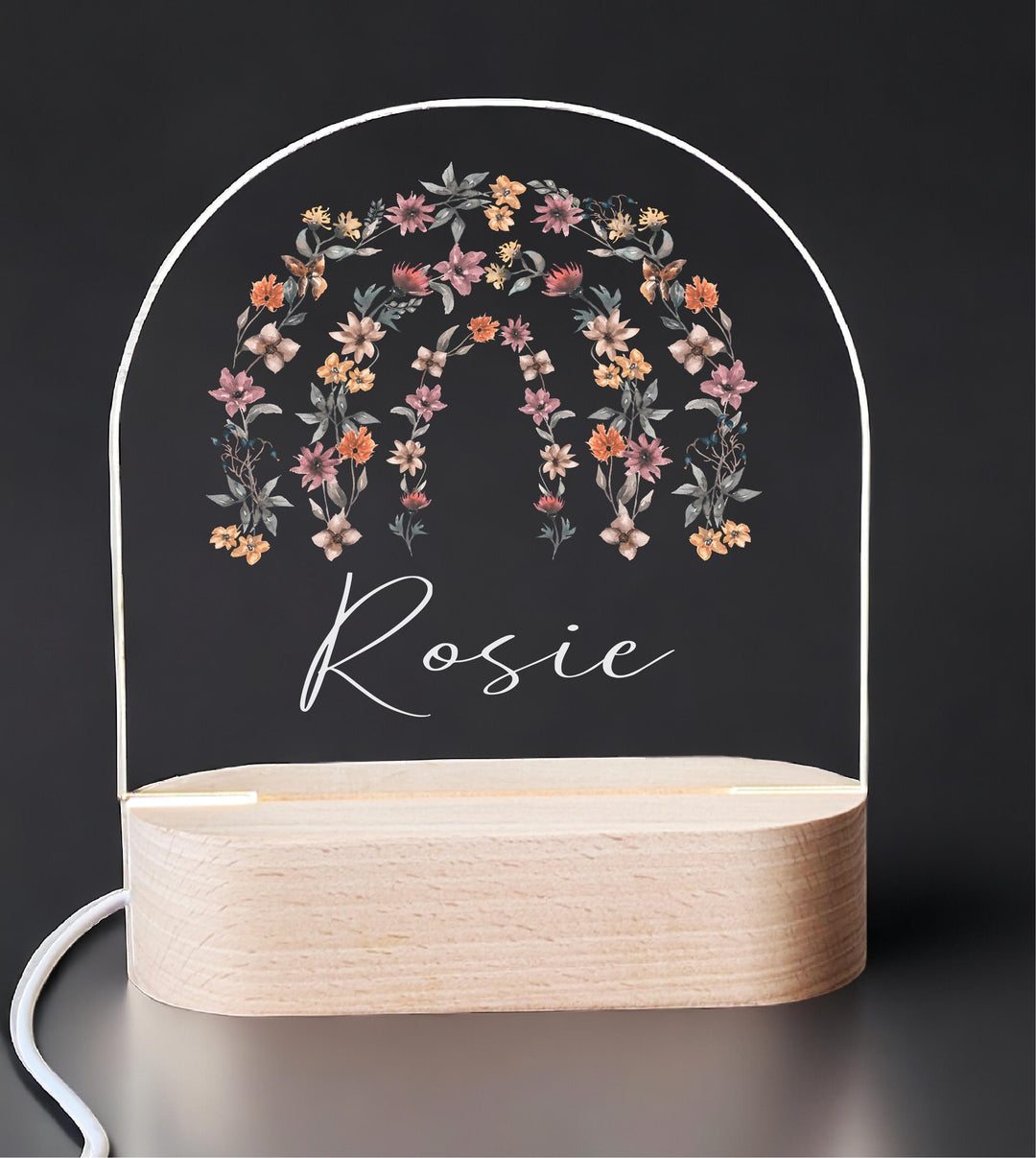 Personalized Floral Rainbow Night Light: Custom Engraved Nursery Decor