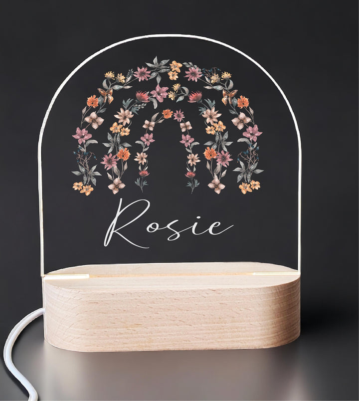 Personalized Floral Rainbow Night Light: Custom Engraved Nursery Decor