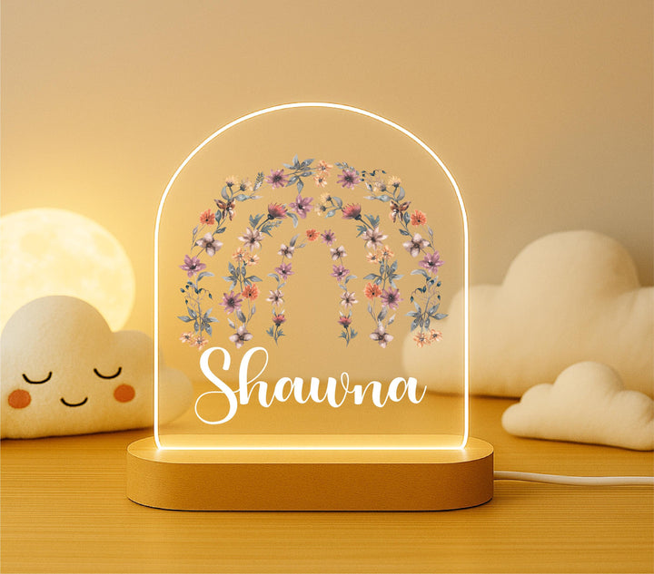 Personalized Floral Rainbow Night Light: Custom Engraved Nursery Decor