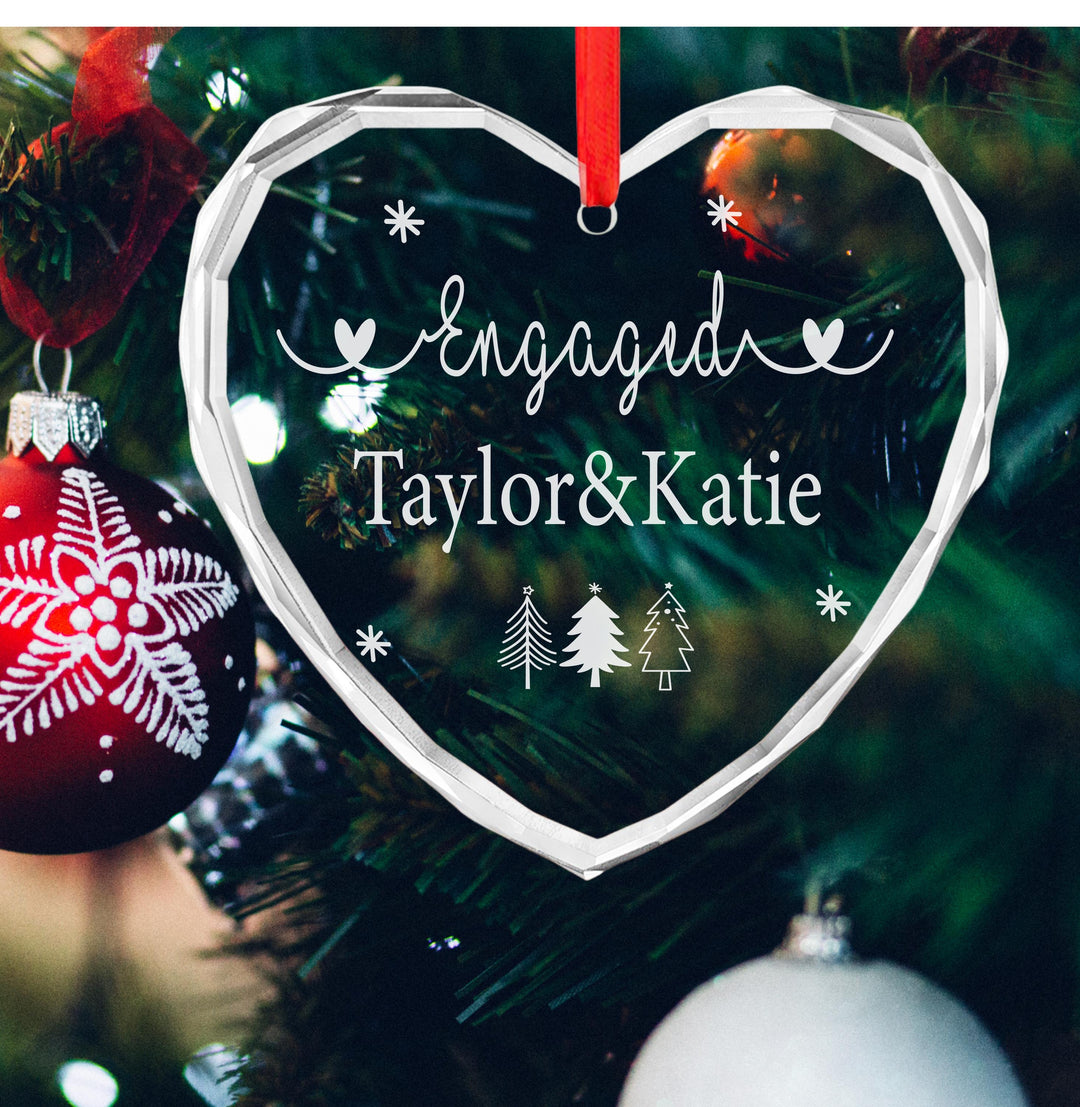Personalized Engagement Ornament: Engraved Glass Heart, Christmas Keepsake