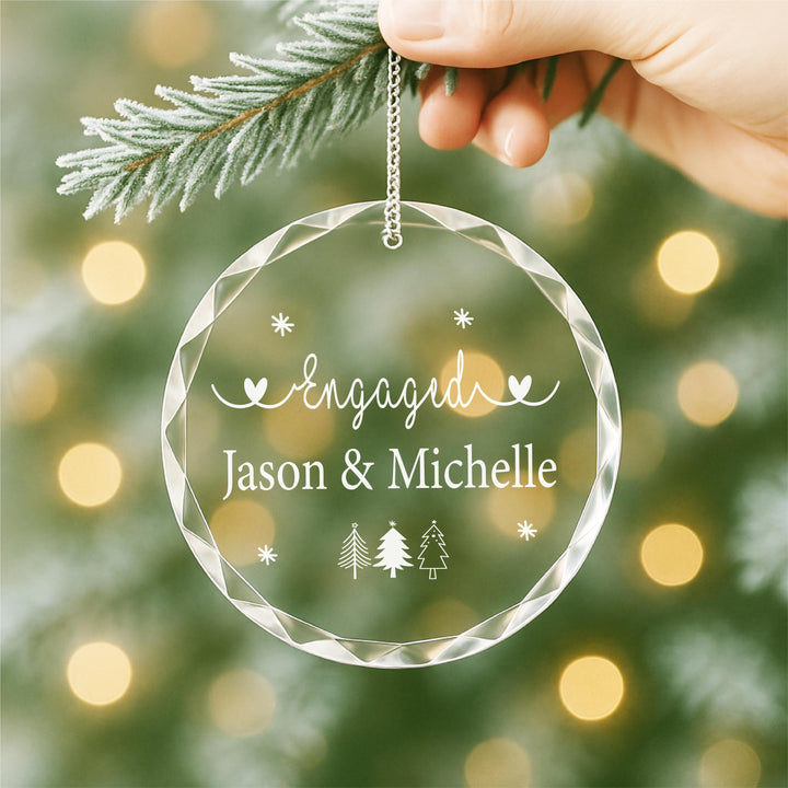 Personalized Engagement Ornament: Engraved Glass Heart, Christmas Keepsake