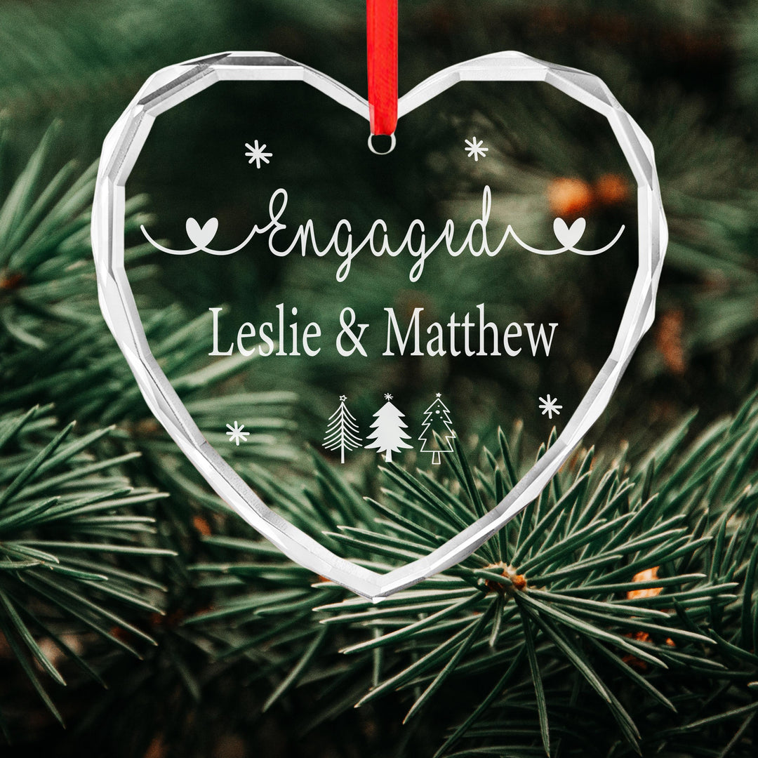 Personalized Engagement Ornament: Engraved Glass Heart, Christmas Keepsake