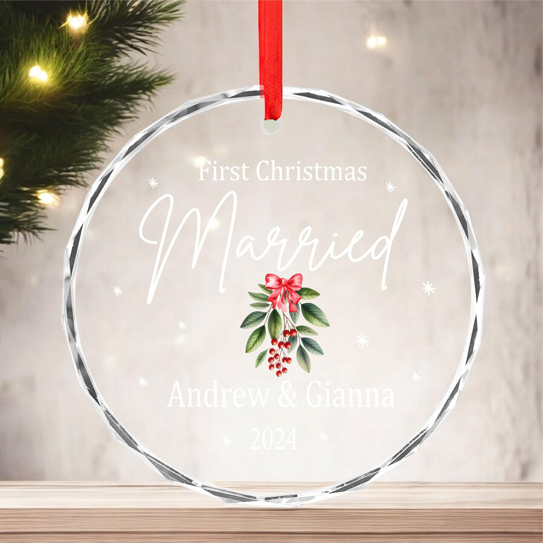 Personalized First Christmas Married Ornament: Engraved Crystal Glass Heart