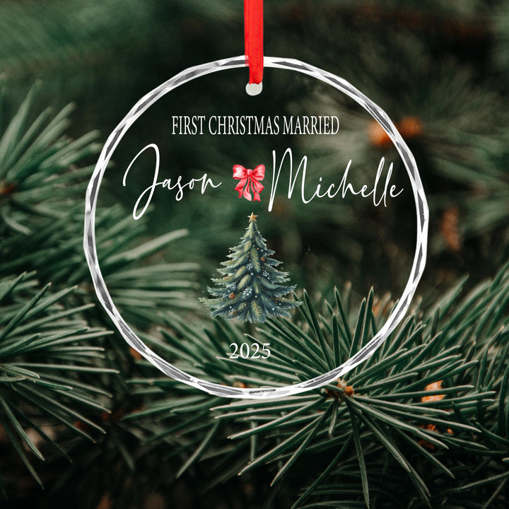 Personalized First Christmas Married Ornament: Clear Glass Newlywed Keepsake