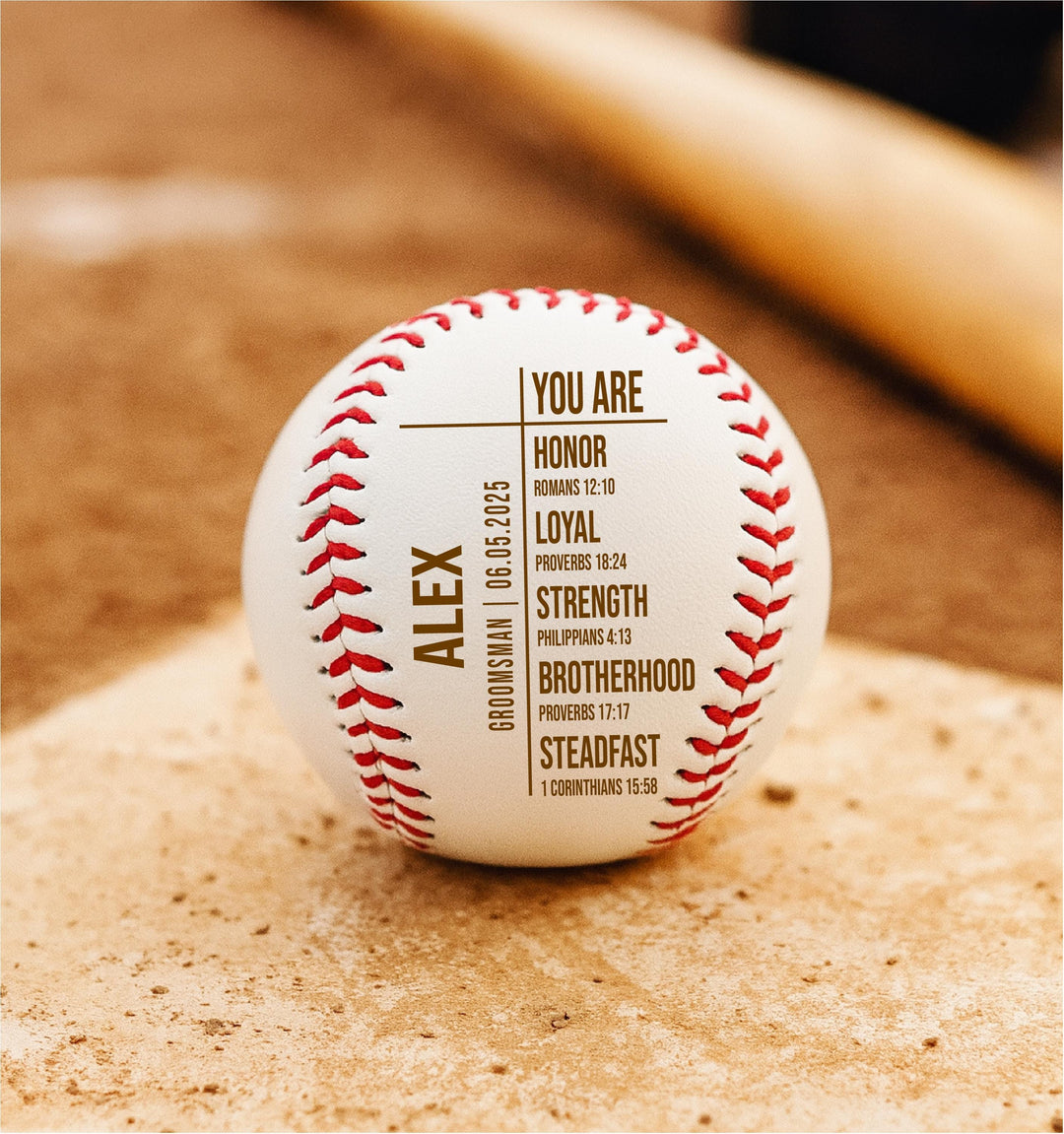 Engraved Leather Baseball Groomsmen Gift: Christian Wedding Keepsake