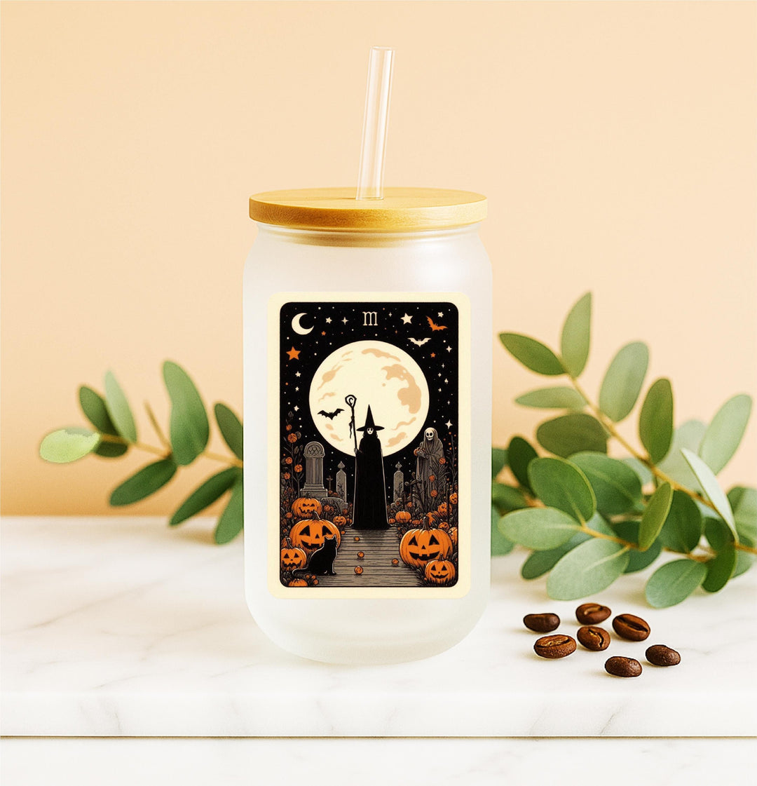 Witch & Pumpkin Scene, Spooky Moon Tumbler, Gothic Halloween Gift for Coffee Lovers