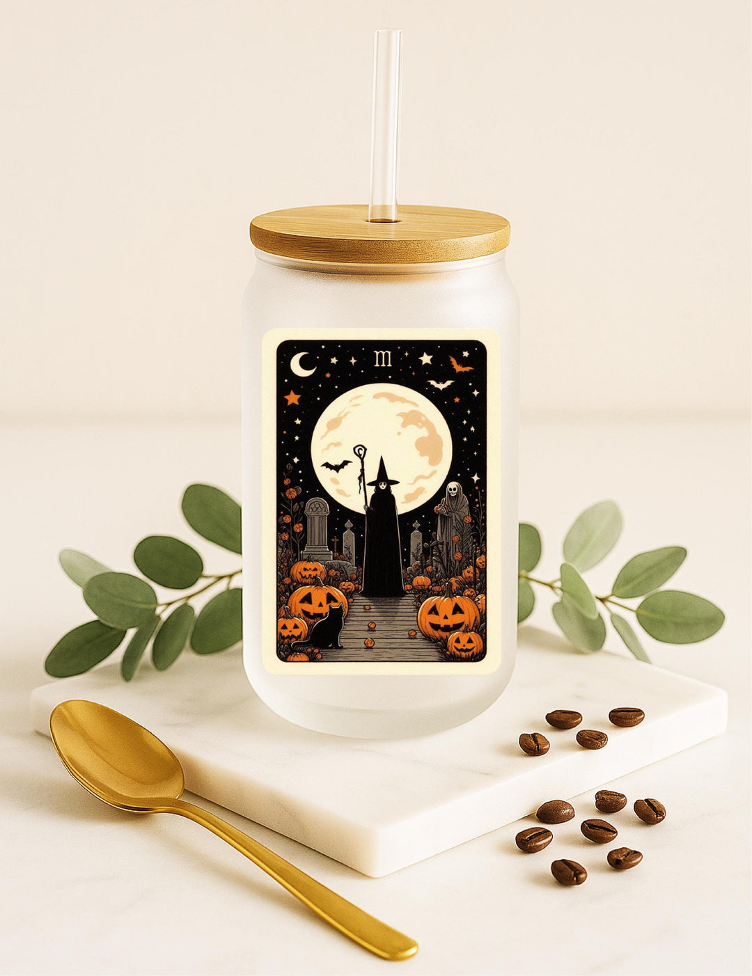 Witch & Pumpkin Scene, Spooky Moon Tumbler, Gothic Halloween Gift for Coffee Lovers