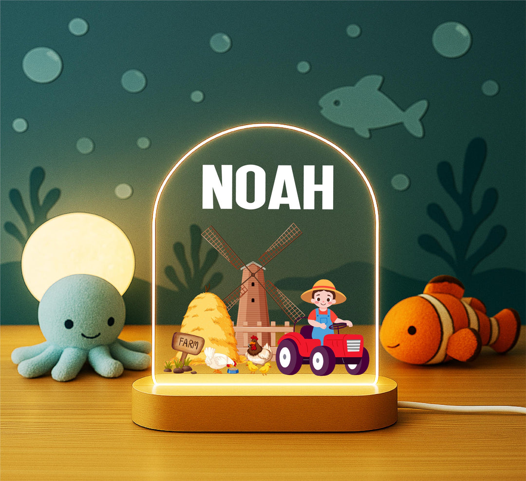 Personalized Farm Animal Nursery Night Light - Custom Tractor LED Lamp