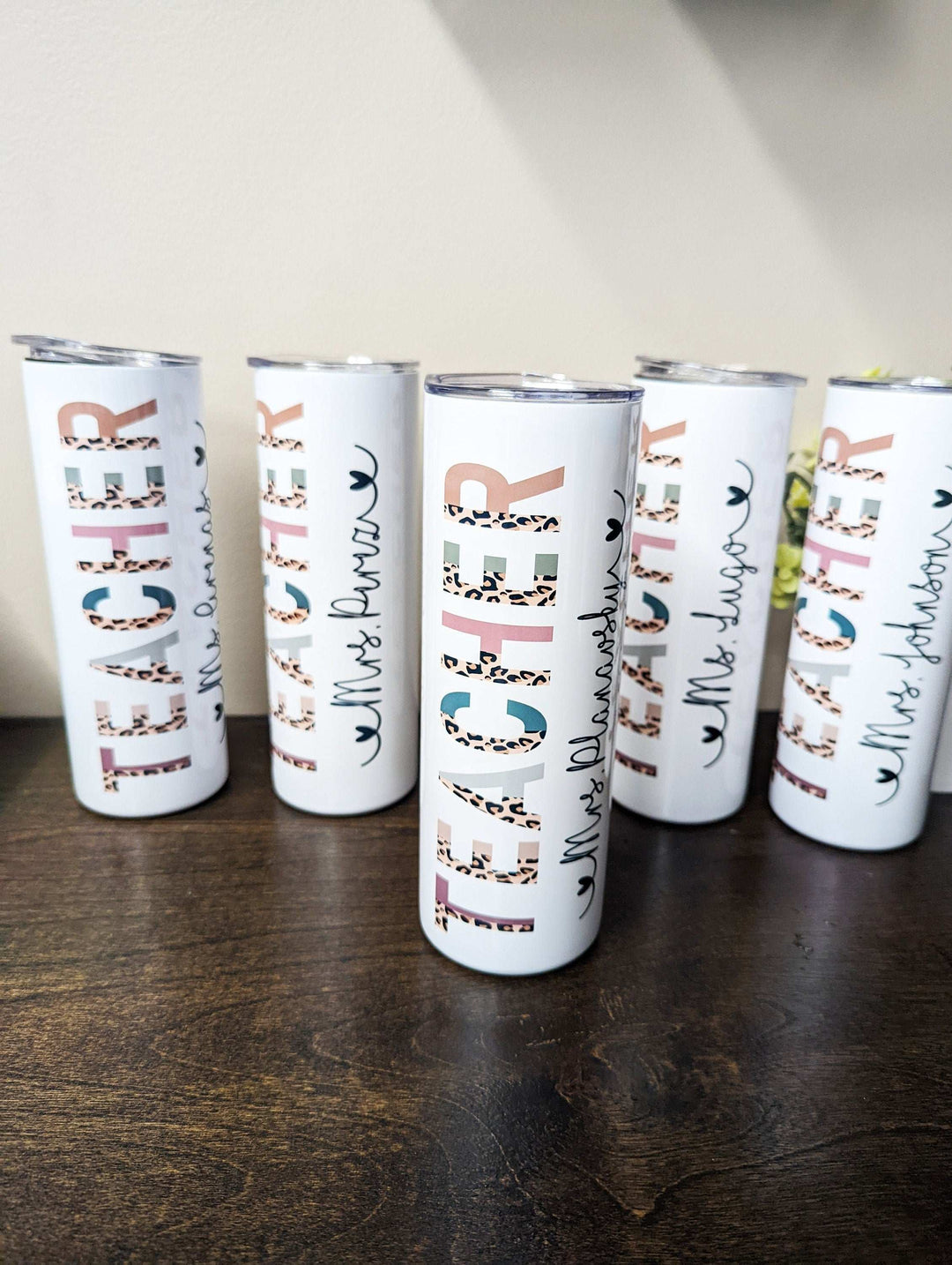 Personalized Teacher Tumbler Half Leopard Boho Skinny Tumbler