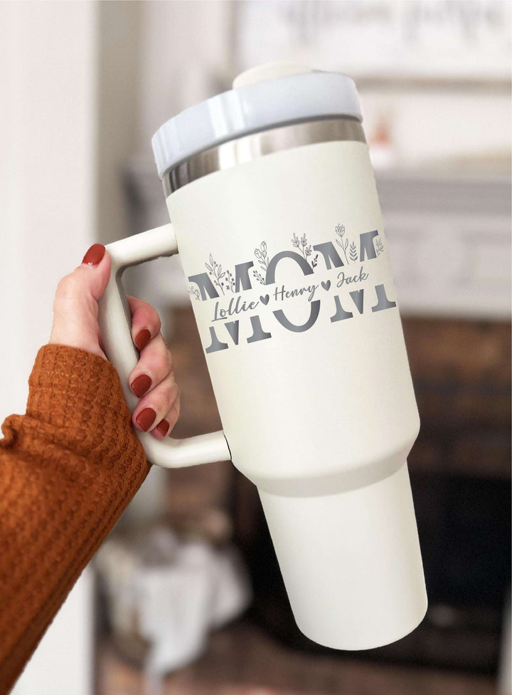 Mama Tumbler With Kids Name Floral Travel Cup Gift Idea