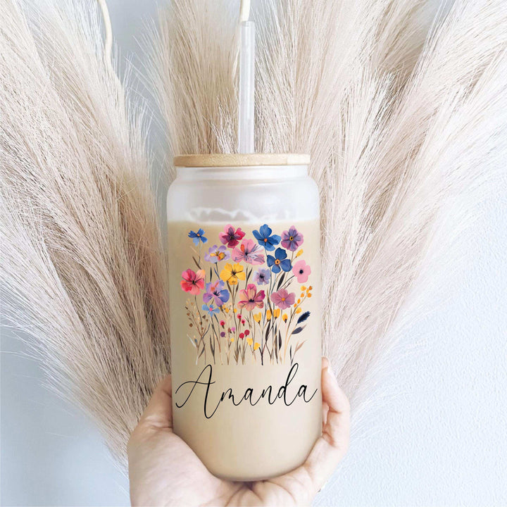 Custom name Floral Iced Coffee Cup Bridesmaid Proposal box 20oz Glass Cup Custom Beer Can Glass with Lid and Straw Bridesmaid Gift