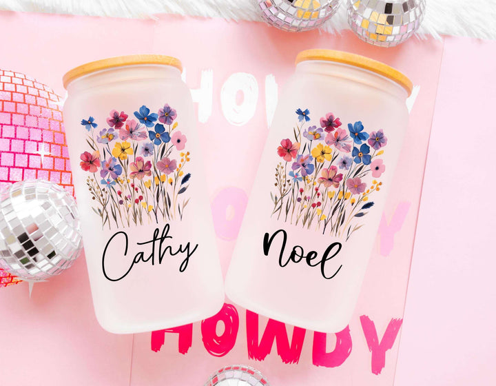 Custom name Floral Iced Coffee Cup Bridesmaid Proposal box 20oz Glass Cup Custom Beer Can Glass with Lid and Straw Bridesmaid Gift