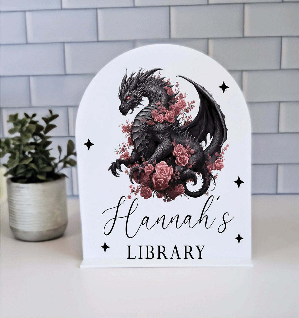 Dragon Library Sign Bookshelf Decor Personalized Gift For Readers