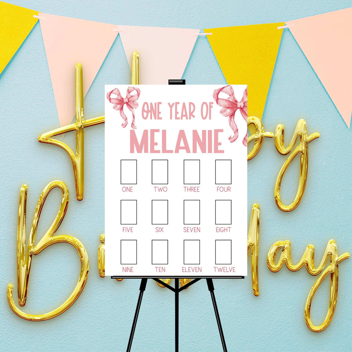 One Year of Girl Pink Bow Photo Board Birthday Sign