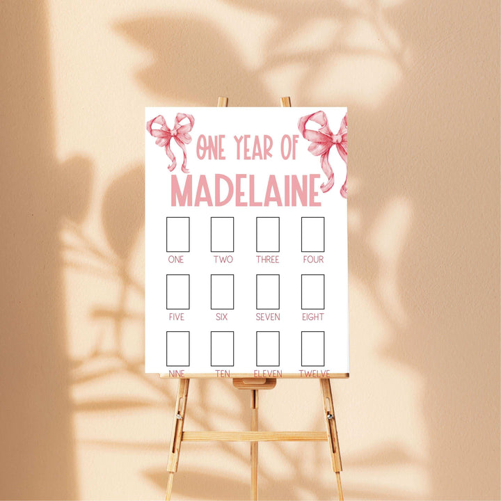One Year of Girl Pink Bow Photo Board Birthday Sign