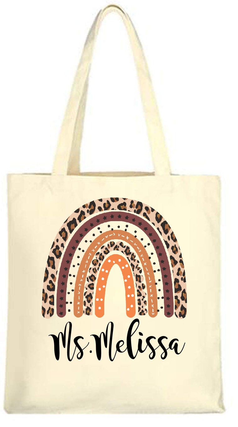 Leopard rainbow teacher gift tote bag&nbsp;| Techer Tote with custom name and Boho Leopard rainbow design