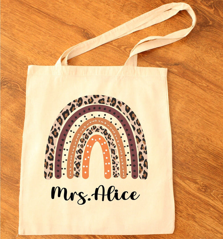 Leopard Rainbow Teacher Gift Tote Bag with Custom Name