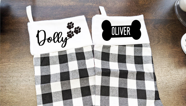 Buffalo Plaid Pet Name Christmas Stockings with Paw and Bone
