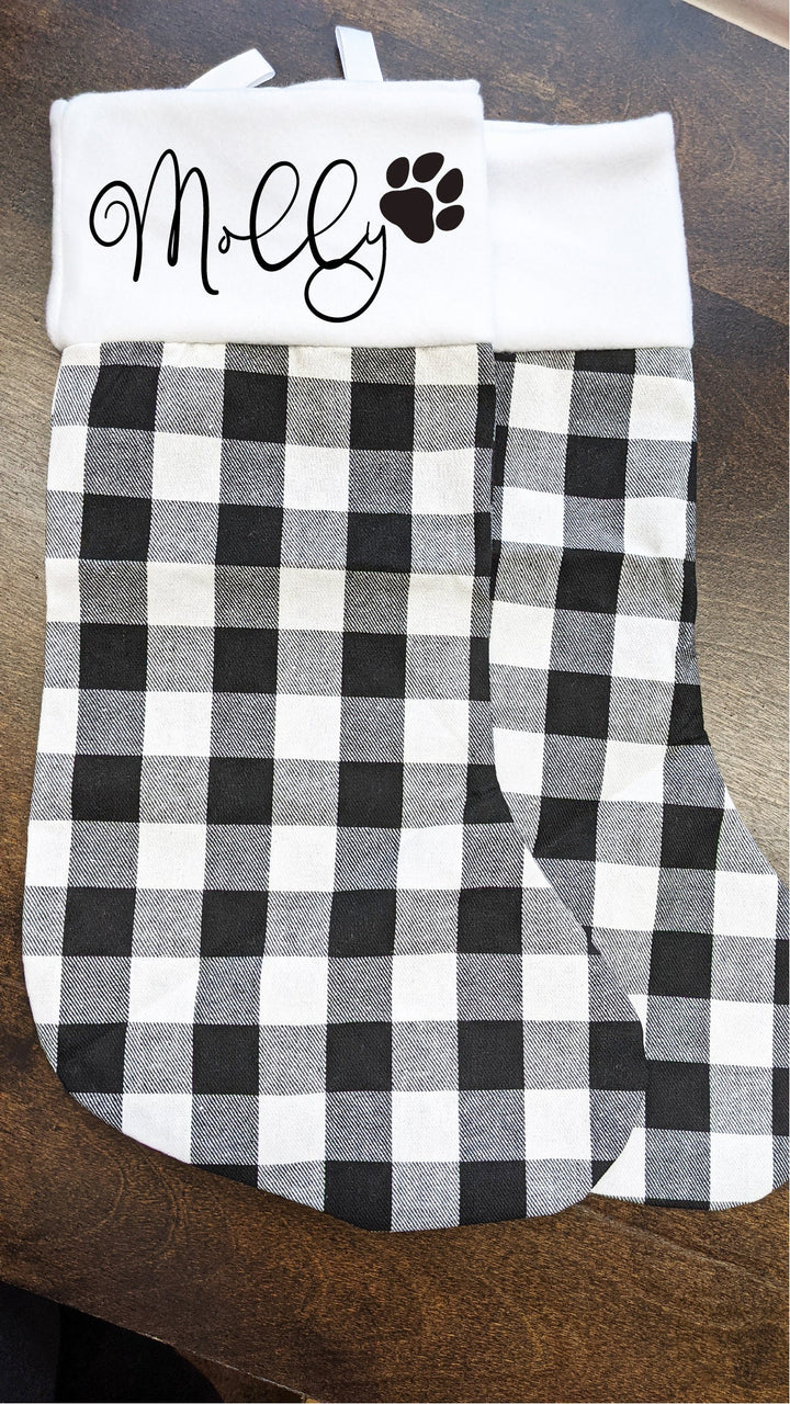 Buffalo Plaid Pet Name Christmas Stockings with Paw and Bone
