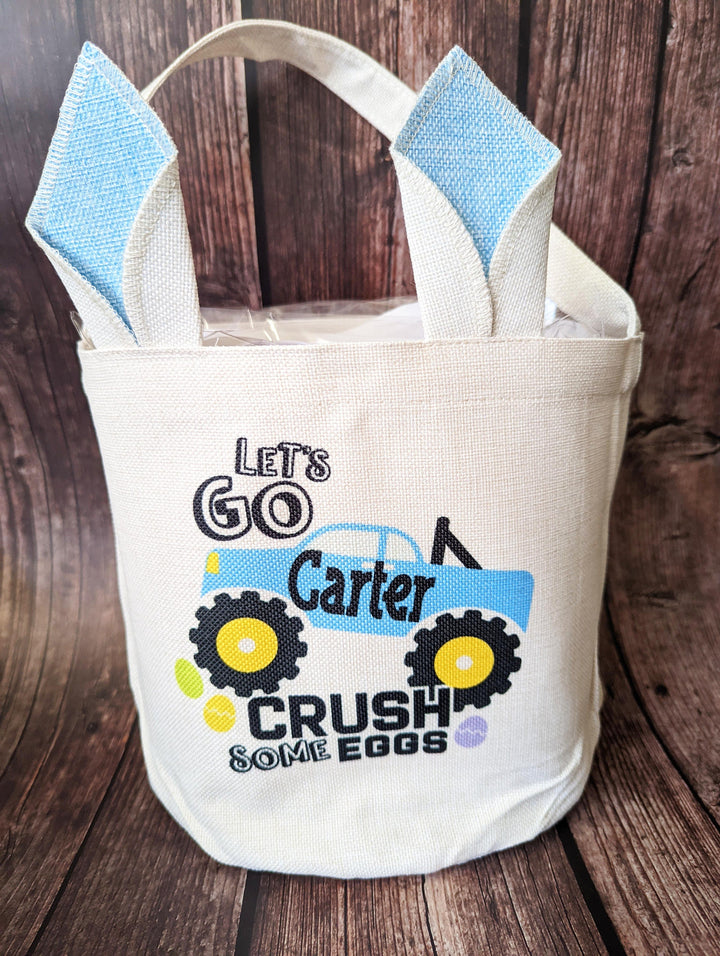 Custom&nbsp;Easter basket/bag with Monster truck | Personalized kids Easter bunny Egg hunt Bags | Easter Bags with kid name