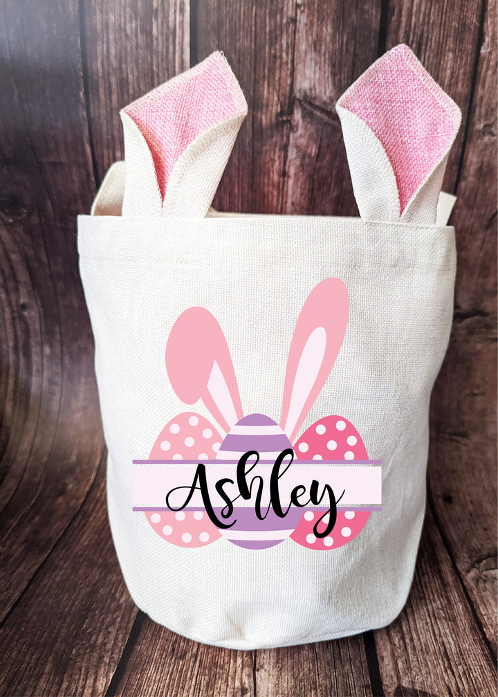 Personalized Easter basket&nbsp;| Custom kids Easter bunny Egg hunt Bags | Easter Egg split name bag