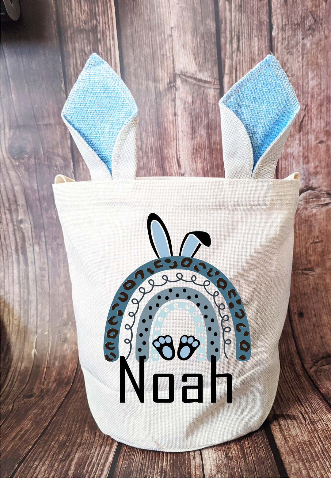 Personalized Kids Easter Basket Bag with Rainbow Bunny Ears