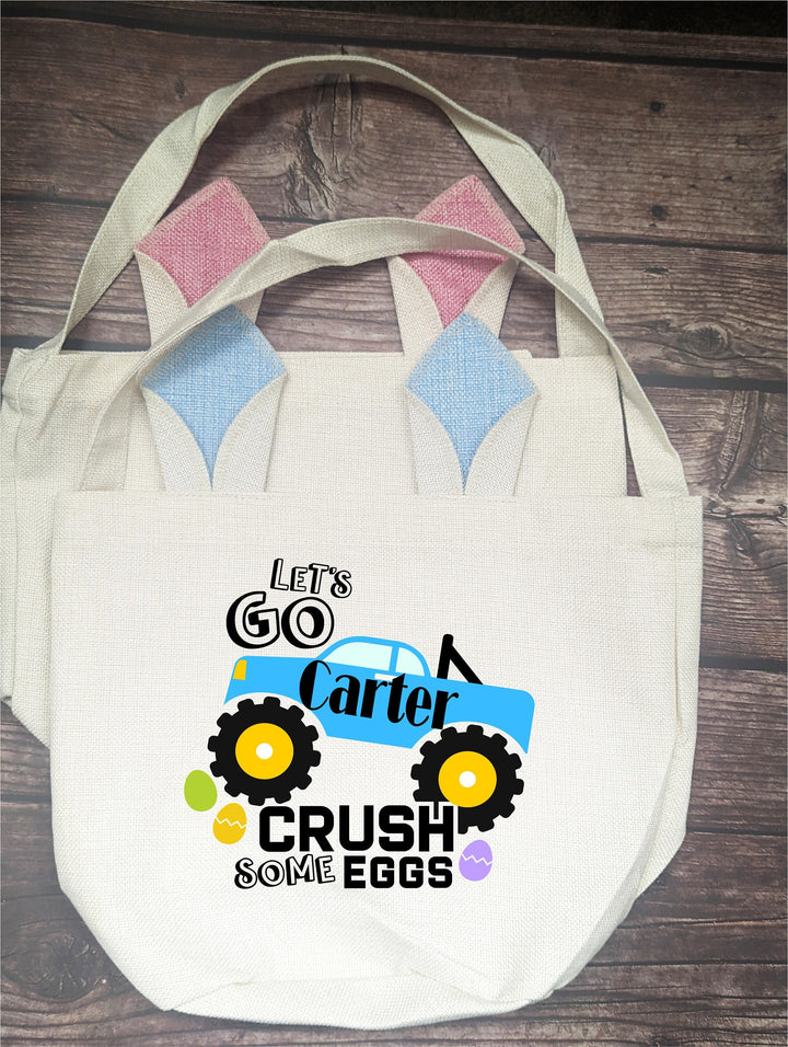 Custom&nbsp;Easter basket/bag with Monster truck | Personalized kids Easter bunny Egg hunt Bags | Easter Bags with kid name