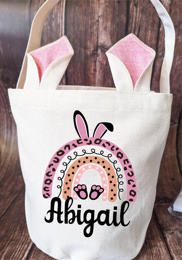 Personalized Kids Easter Basket Bag with Rainbow Bunny Ears