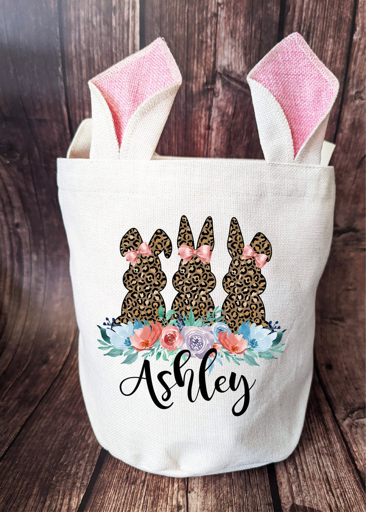 Easter Basket| Personalized kids Easter bunny Egg hunt Bags | Leopard bunny Easter Bags with kid name