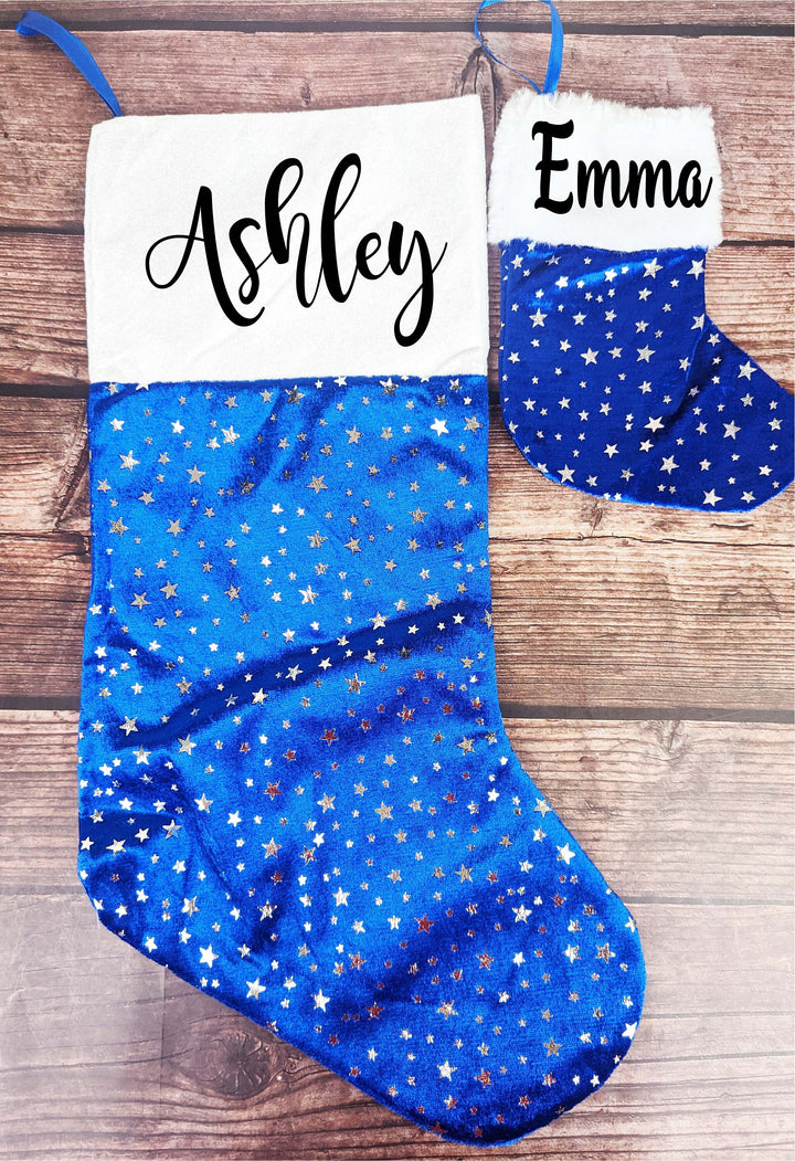 Personalized Blue and Silver Christmas Family Stocking