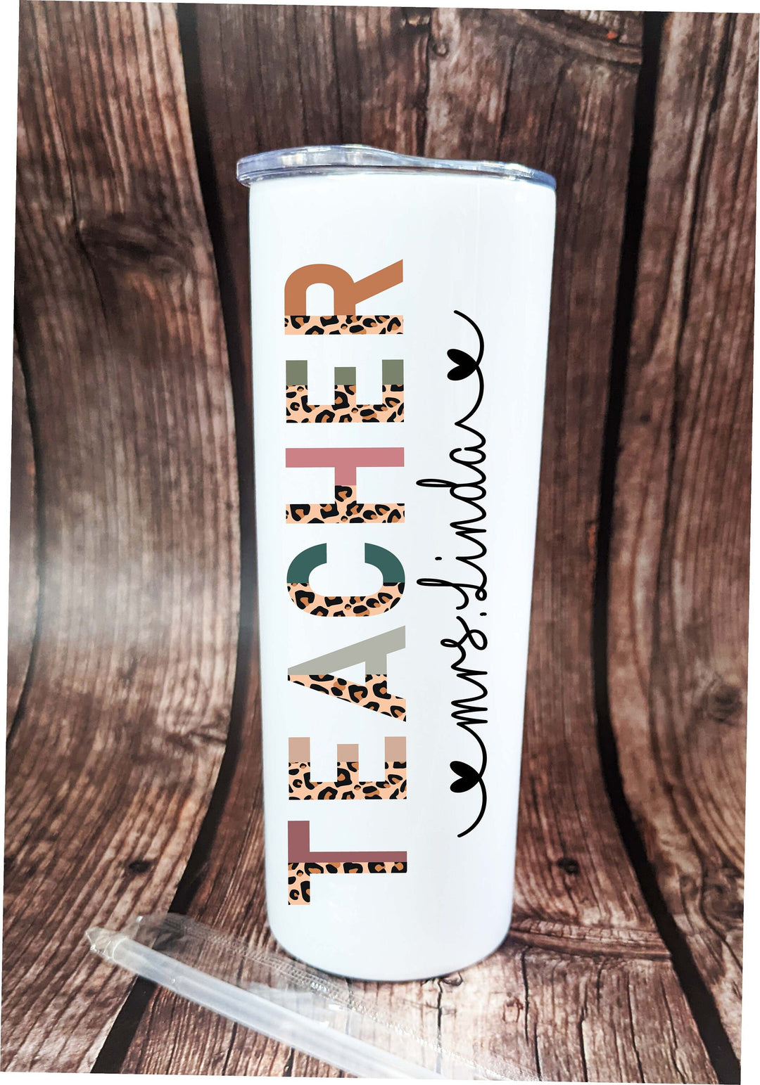 Personalized Teacher Tumbler|Half Leopard boho&nbsp;skinny tumbler with lid straw | End of year teacher gift | Teacher appreciation week gift