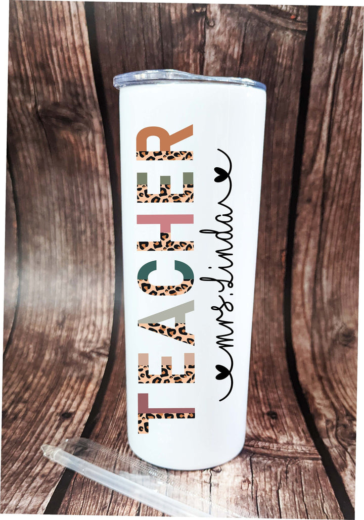 Personalized Teacher Tumbler|Half Leopard boho&nbsp;skinny tumbler with lid straw | End of year teacher gift | Teacher appreciation week gift