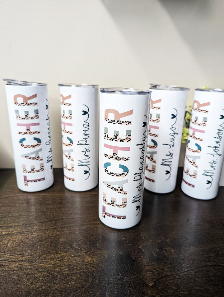 Personalized Teacher Tumbler|Half Leopard boho&nbsp;skinny tumbler with lid straw | End of year teacher gift | Teacher appreciation week gift