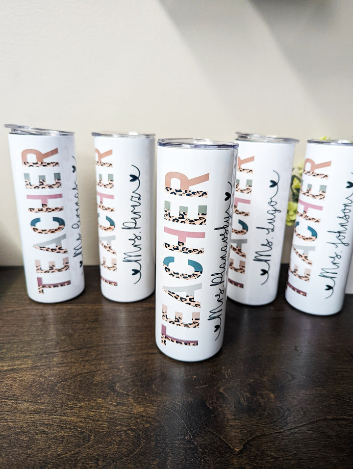 Personalized Teacher Tumbler|Half Leopard boho&nbsp;skinny tumbler with lid straw | End of year teacher gift | Teacher appreciation week gift