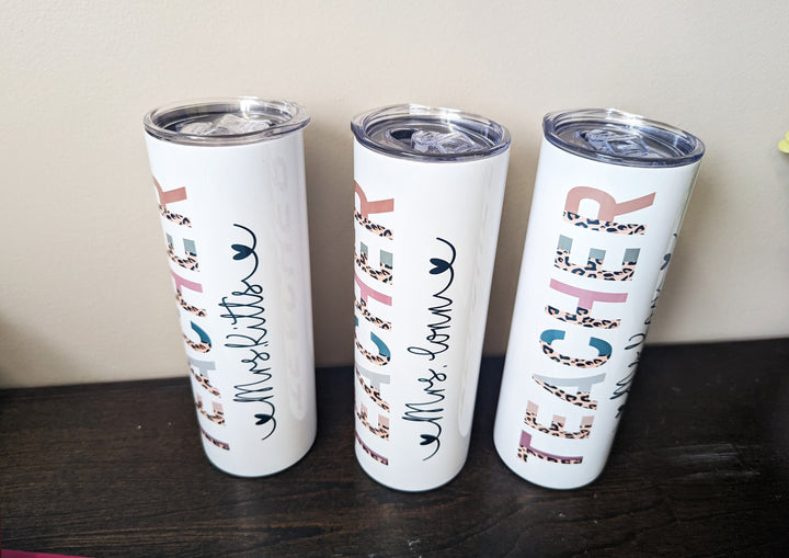 Personalized Teacher Tumbler|Half Leopard boho&nbsp;skinny tumbler with lid straw | End of year teacher gift | Teacher appreciation week gift