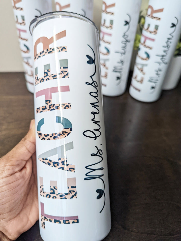 Personalized Teacher Tumbler|Half Leopard boho&nbsp;skinny tumbler with lid straw | End of year teacher gift | Teacher appreciation week gift