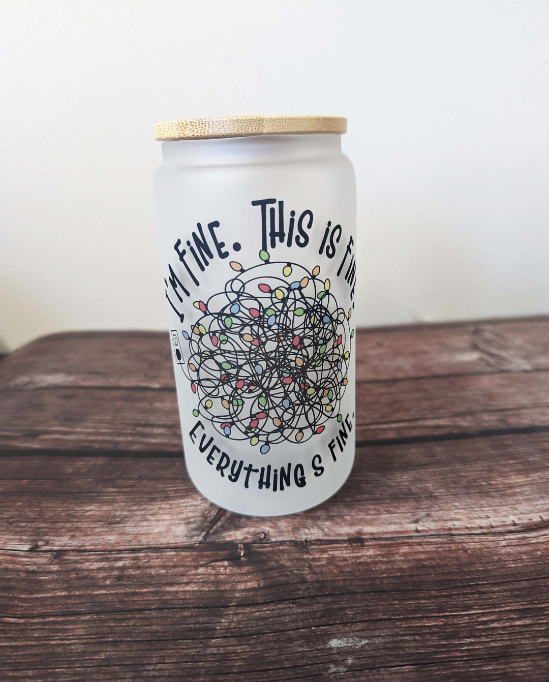 Funny Christmas Glass Can Tumbler with Bamboo Lid &amp; Straw | Frosted Holiday Cup with Tangled Lights Design | Sarcastic Gift for Coworkers