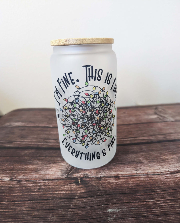 Funny Christmas Glass Can Tumbler with Bamboo Lid &amp; Straw | Frosted Holiday Cup with Tangled Lights Design | Sarcastic Gift for Coworkers