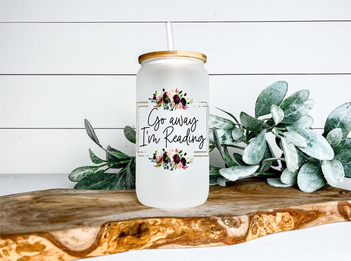 Go Away I’m Reading Glass Can Tumbler – Floral Frosted Cup with Bamboo Lid and Straw, Book Lover Gift, Funny Reader Mug, Cozy Drinkware