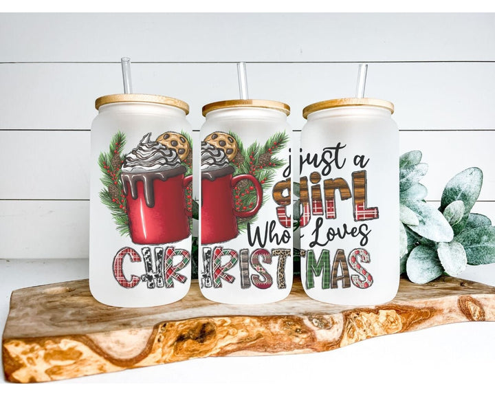 Just a Girl Who Loves Christmas Frosted Glass Cup | Holiday Tumbler with Lid &amp; Straw | Festive Gift for Women&nbsp;Hot Cocoa Lovers