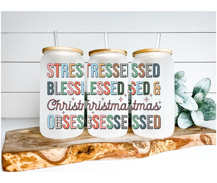 Stressed Blessed Christmas Obsessed Frosted Glass Can | Funny Holiday Iced Coffee Cup | Cute Xmas Gift for Women or Coworkers