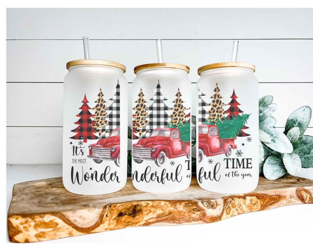 Christmas Frosted Glass Can with Red Truck &amp; Trees | Holiday Drink Cup with Bamboo Lid&nbsp;Straw | Winter Gift for Her