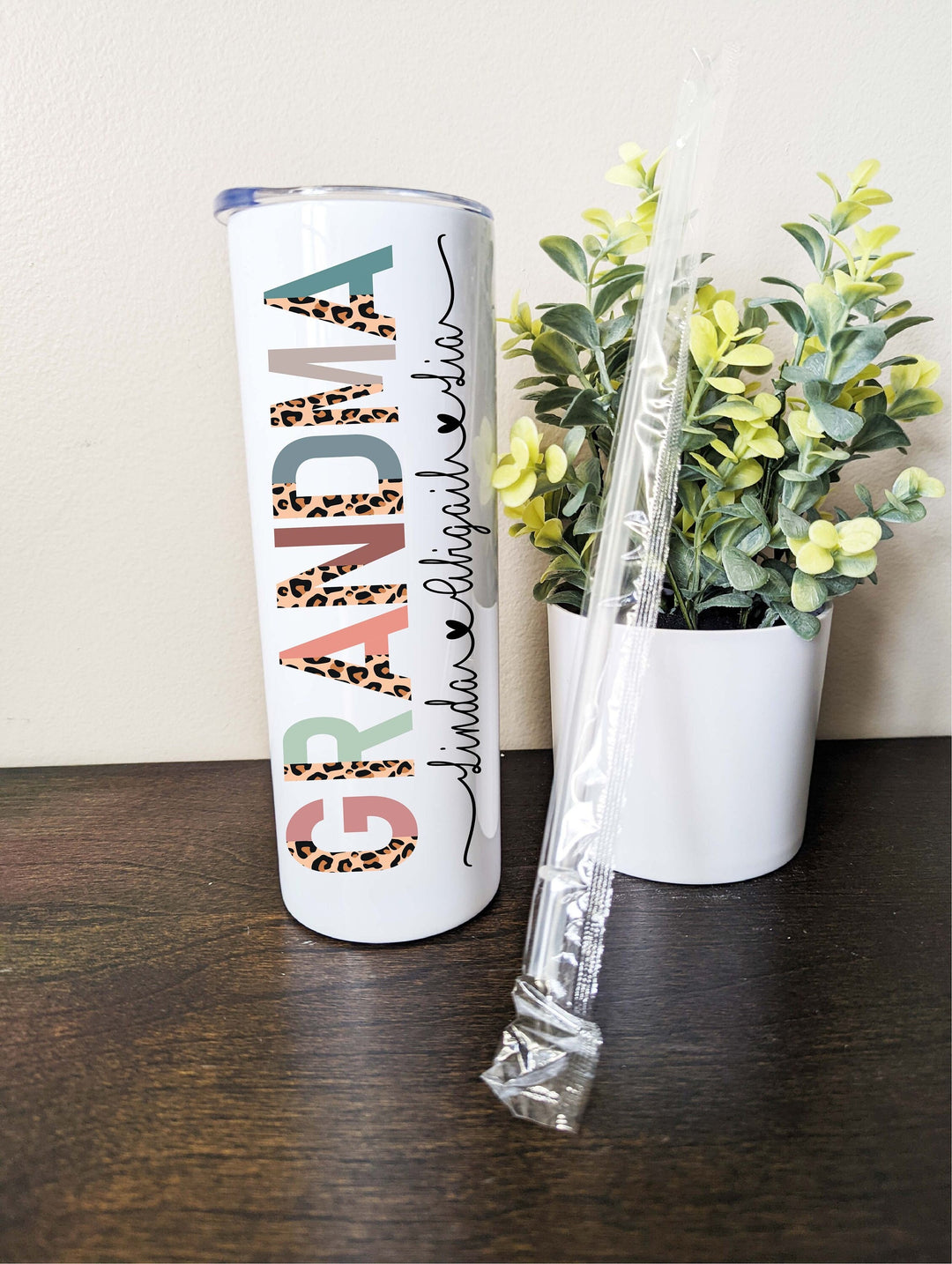 Personalized Grandma Gift | Half Leopard boho Grandma skinny tumbler with kids name |Custom grandma grandkids name tall tumbler