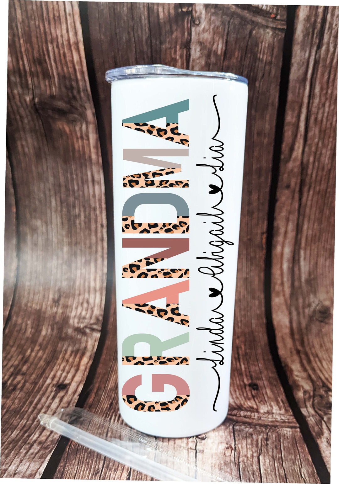Personalized Grandma Gift | Half Leopard boho Grandma skinny tumbler with kids name |Custom grandma grandkids name tall tumbler