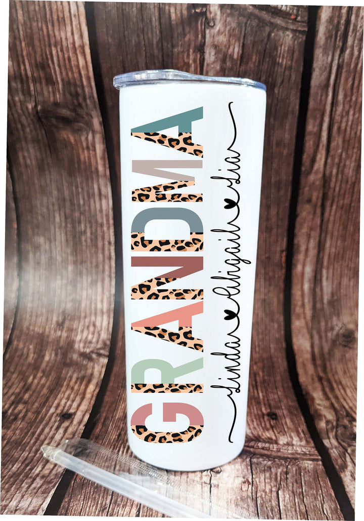 Personalized Grandma Gift | Half Leopard boho Grandma skinny tumbler with kids name |Custom grandma grandkids name tall tumbler