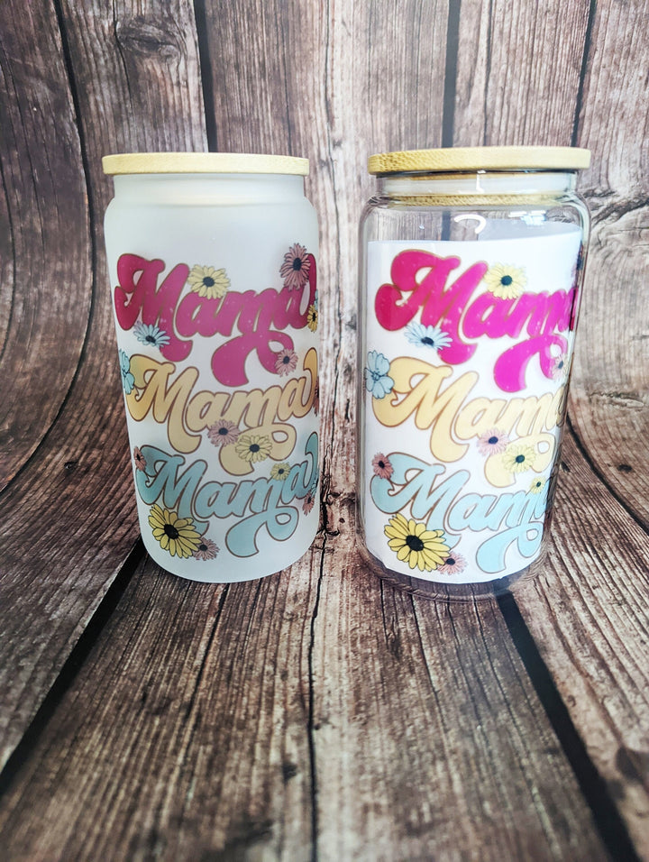 Retro floral MAMA Frosted/Clear&nbsp;beer can coffee tumbler |Floral MAMA Glass tumbler with lid