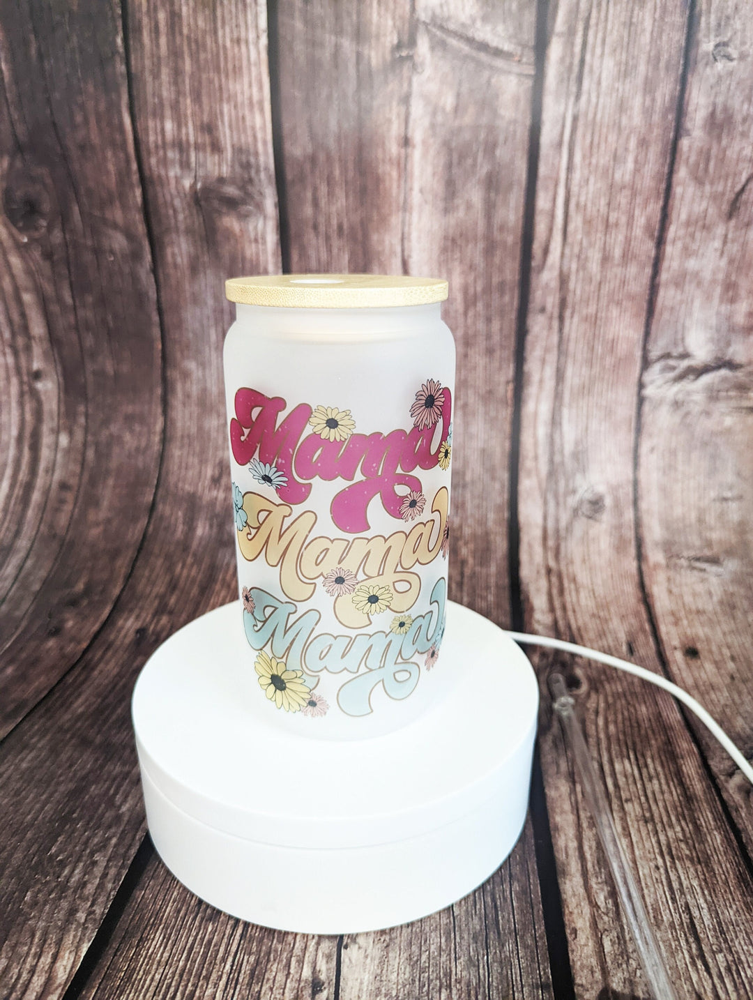 Retro floral MAMA Frosted/Clear&nbsp;beer can coffee tumbler |Floral MAMA Glass tumbler with lid