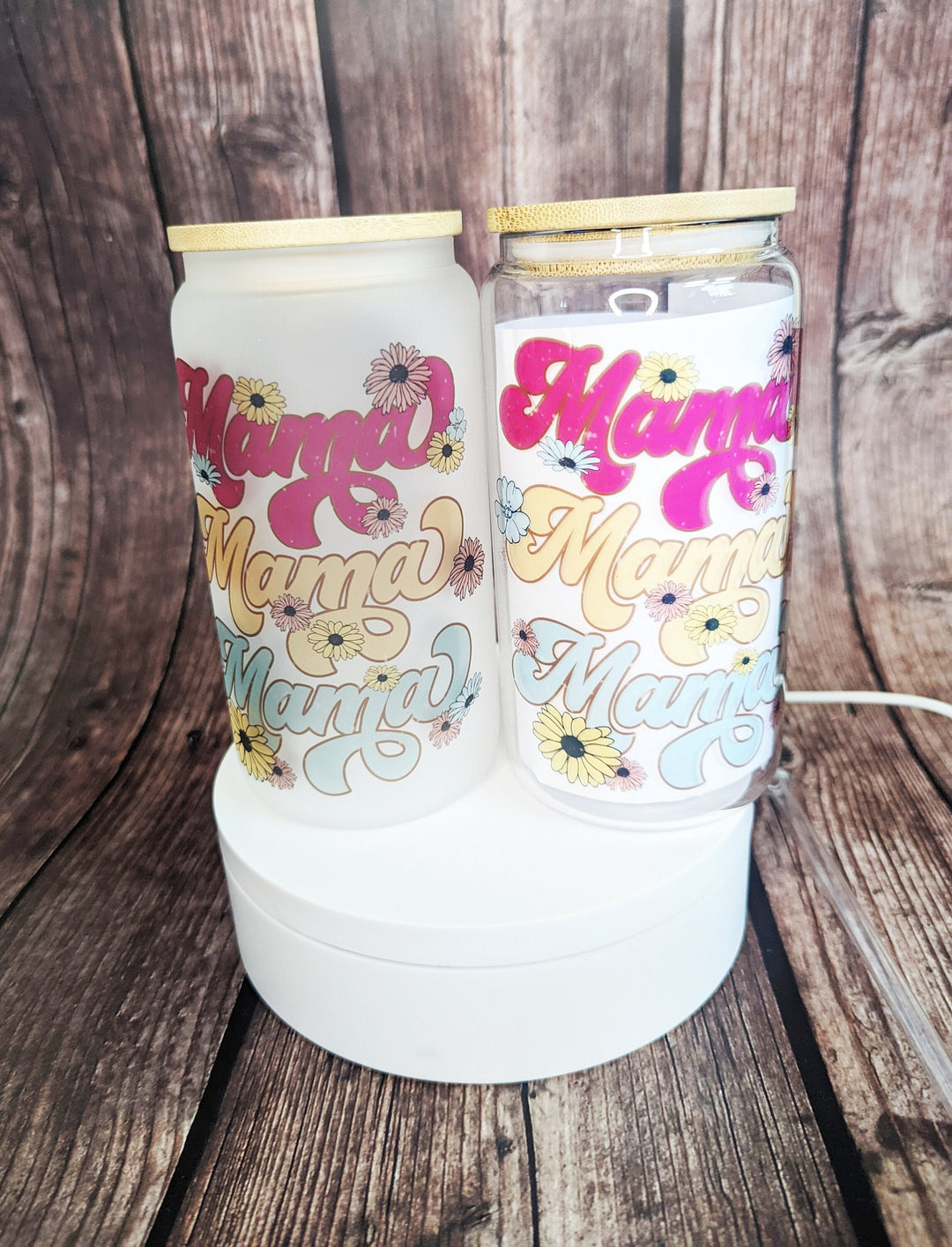 Retro floral MAMA Frosted/Clear&nbsp;beer can coffee tumbler |Floral MAMA Glass tumbler with lid