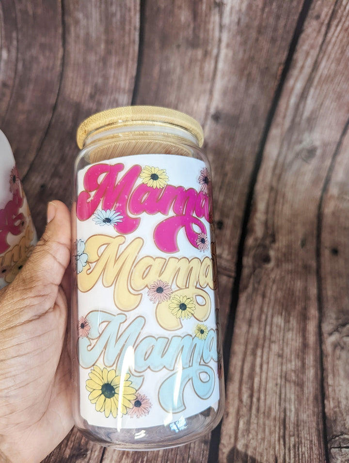 Retro floral MAMA Frosted/Clear&nbsp;beer can coffee tumbler |Floral MAMA Glass tumbler with lid