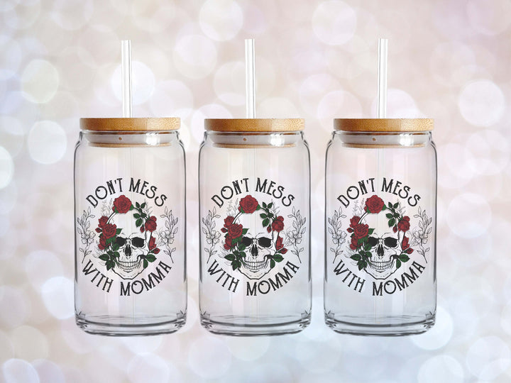 Don't Mess With Momma Floral Skull Iced Coffee Glass Tumbler